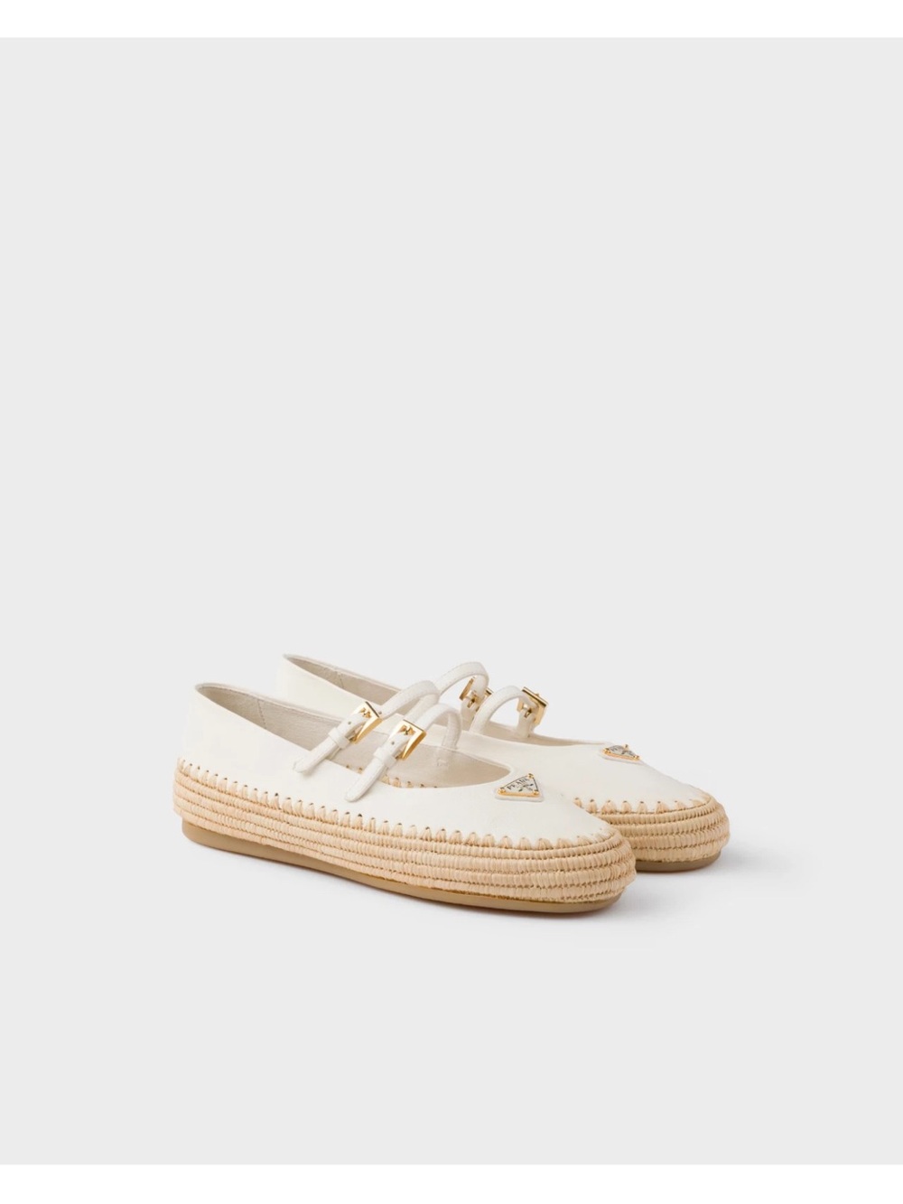 PRADA IVORY NAPPA LEATHER AND RAFFIA BALLERINA FLATS